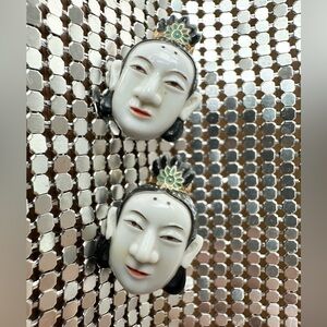Antique Japanese Toshikane Benzaiten Goddess Mask Sterling Screw-back Earrings
